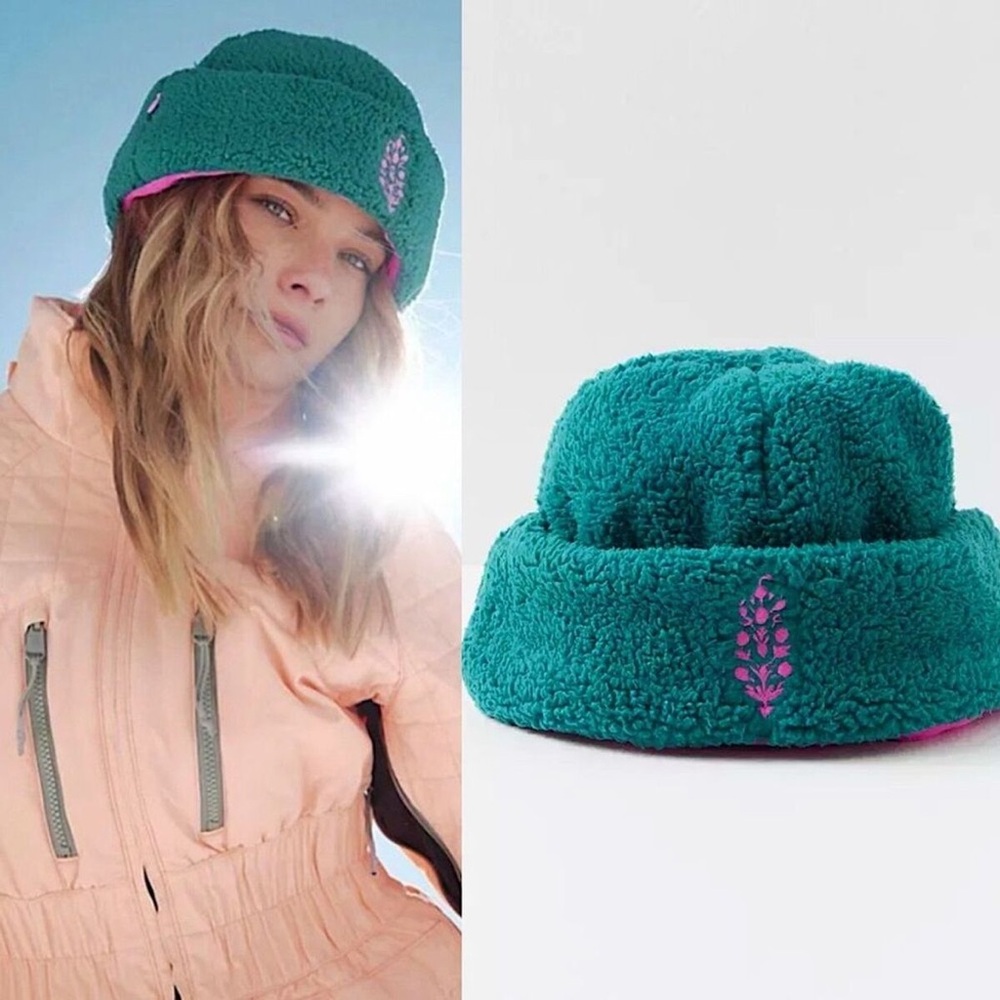 Free People Teal and Pink Fleece Hat